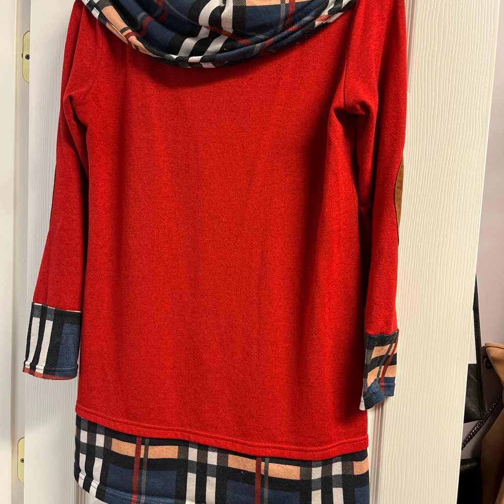 JustFab Red Plaid Accent Women's Cowl Neck Sweater